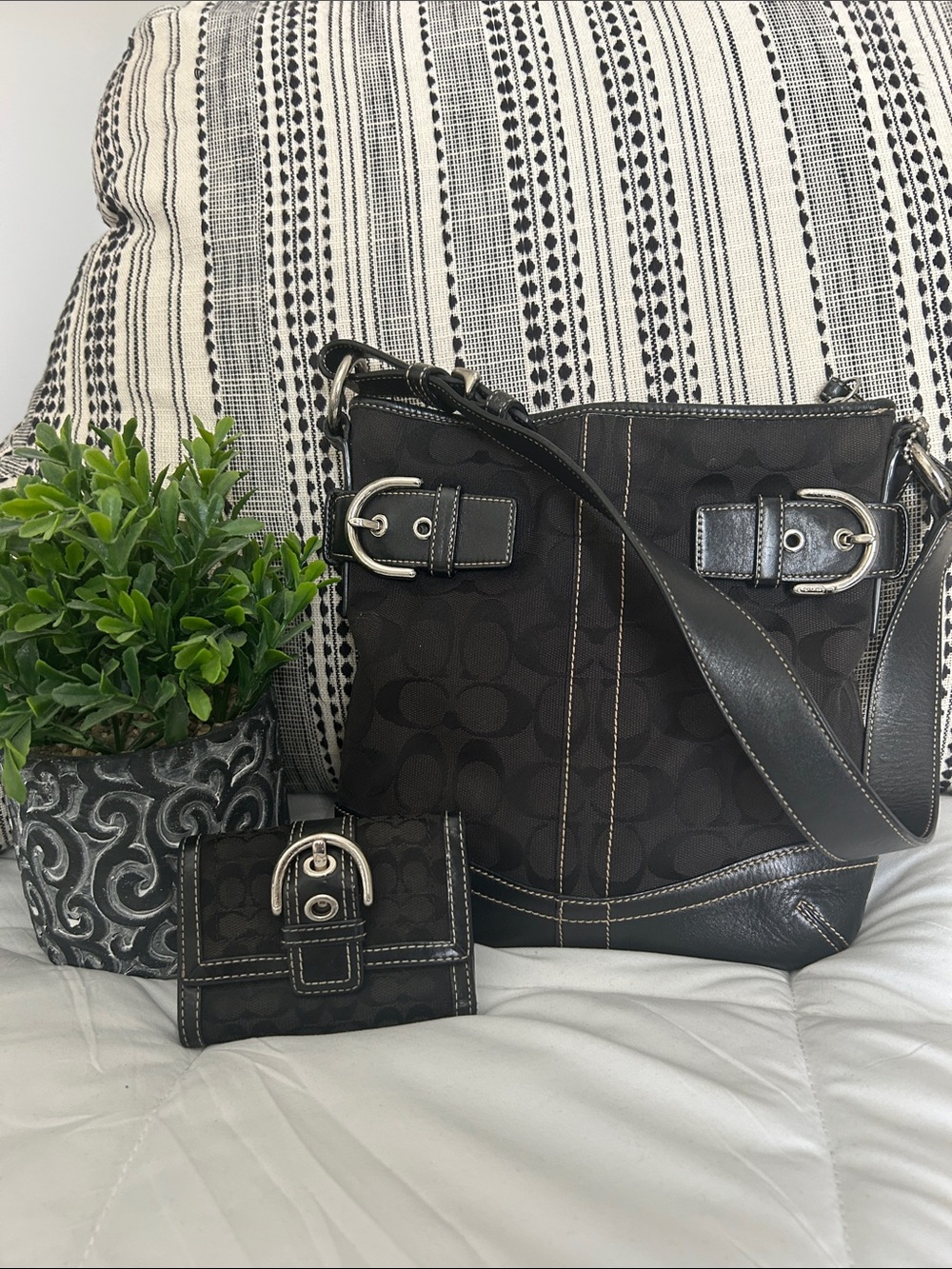 Coach Vintage Black Signature Canvas Bucket Bag and Wallet Set